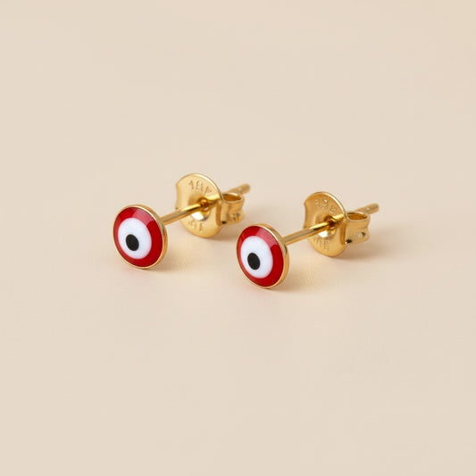 Evil Eye Stud Earrings - Tiny Red Enamel Protection Studs for Women