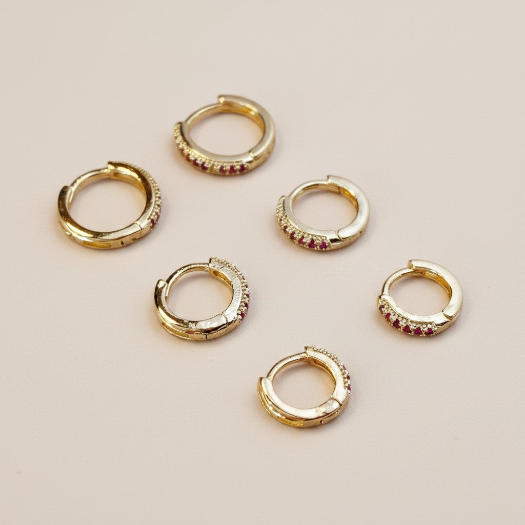 18k Gold Filled Fuchsia CZ Huggie Earrings | Set of 3