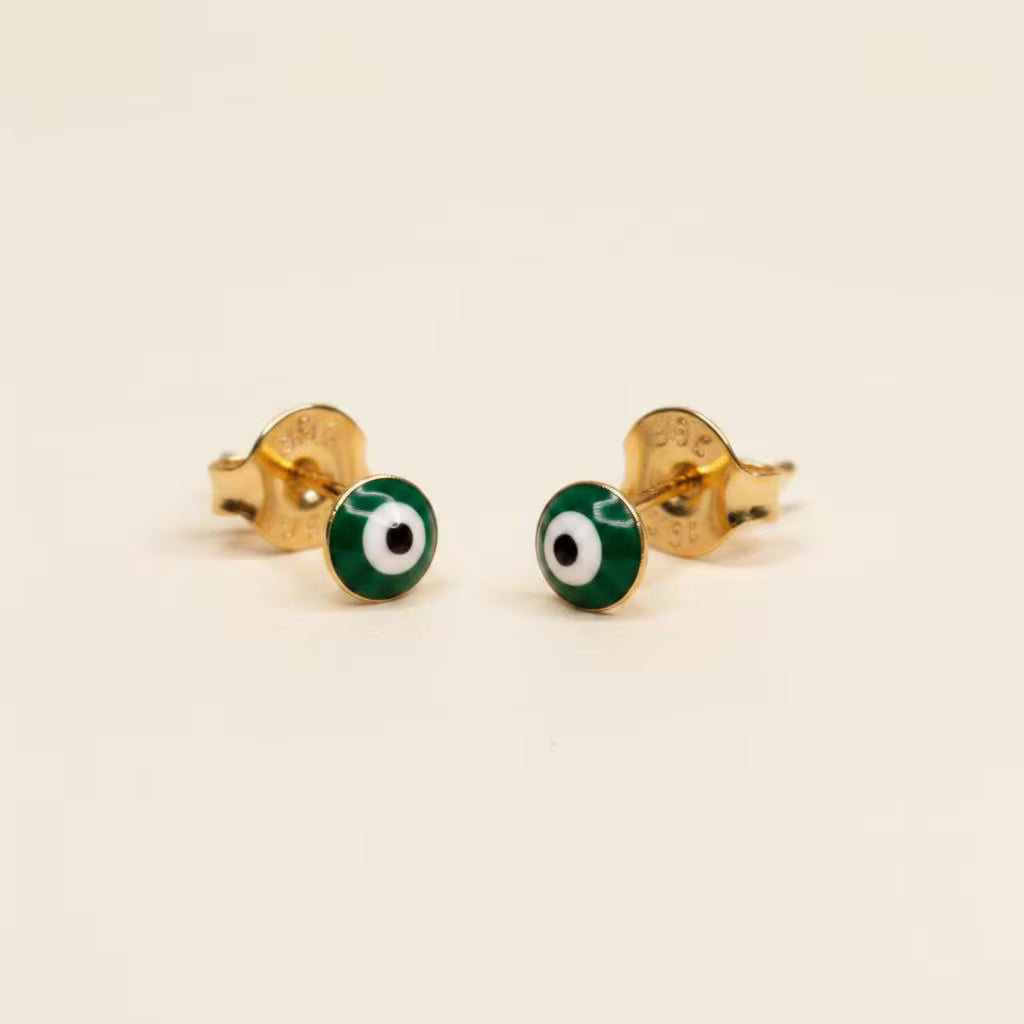 18k Gold Filled Tiny Green Evil Eye Stud Earrings | Dainty Mystical Style