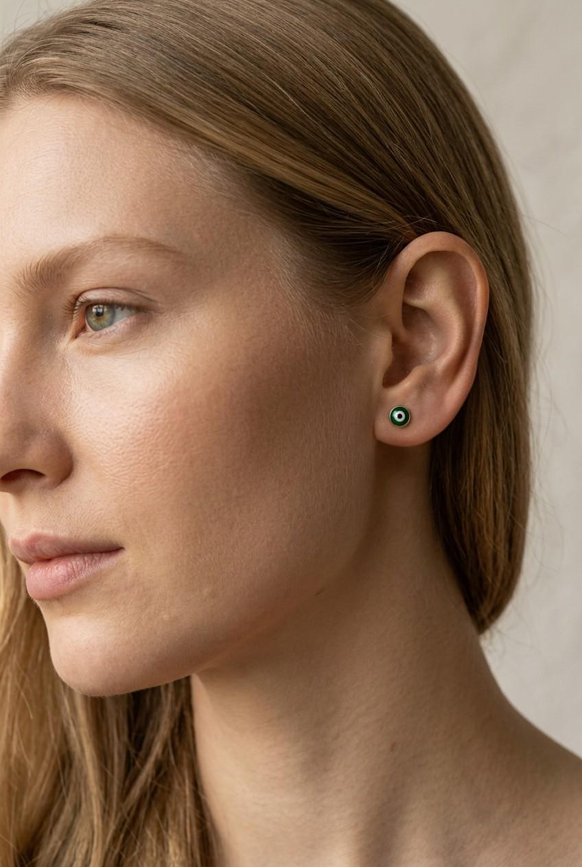 18k Gold Filled Tiny Green Evil Eye Stud Earrings | Dainty Mystical Style
