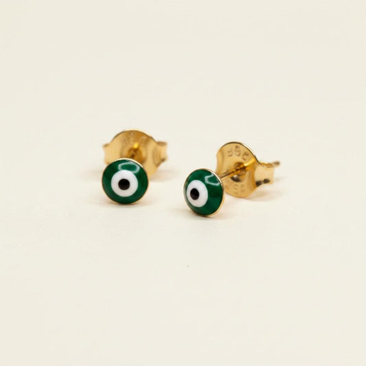 18k Gold Filled Tiny Green Evil Eye Stud Earrings | Dainty Mystical Style