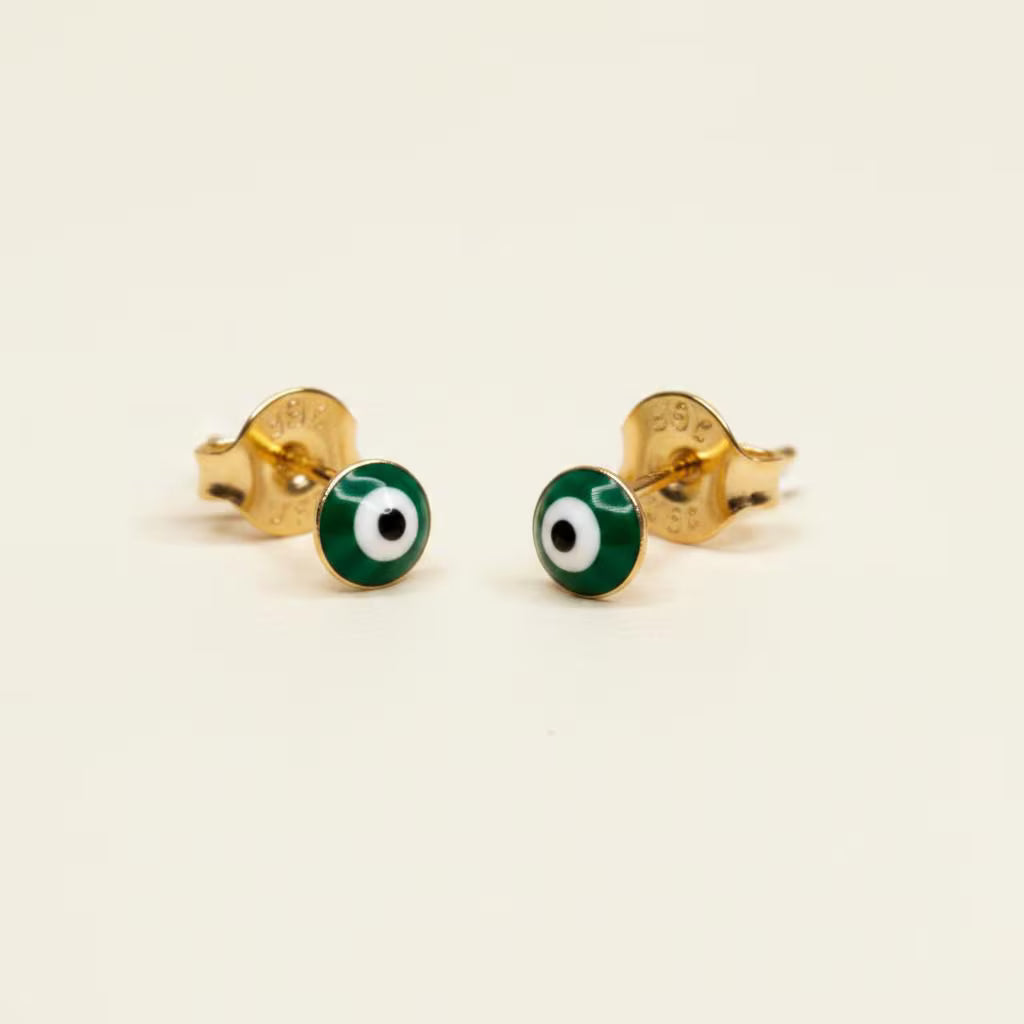 18k Gold Filled Tiny Green Evil Eye Stud Earrings | Dainty Mystical Style