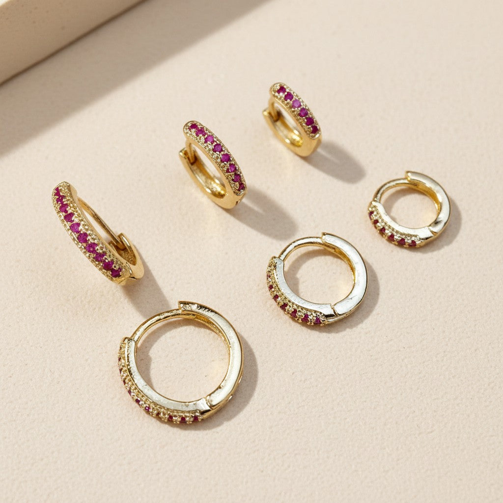 18k Gold Filled Fuchsia CZ Huggie Earrings | Set of 3