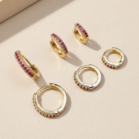 18k Gold Filled Fuchsia CZ Huggie Earrings | Set of 3