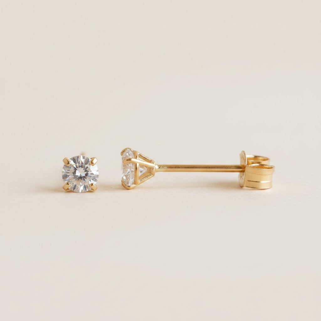 14k Solid Gold 4-Prong CZ Stud Earrings | Minimalist Fine Jewelry