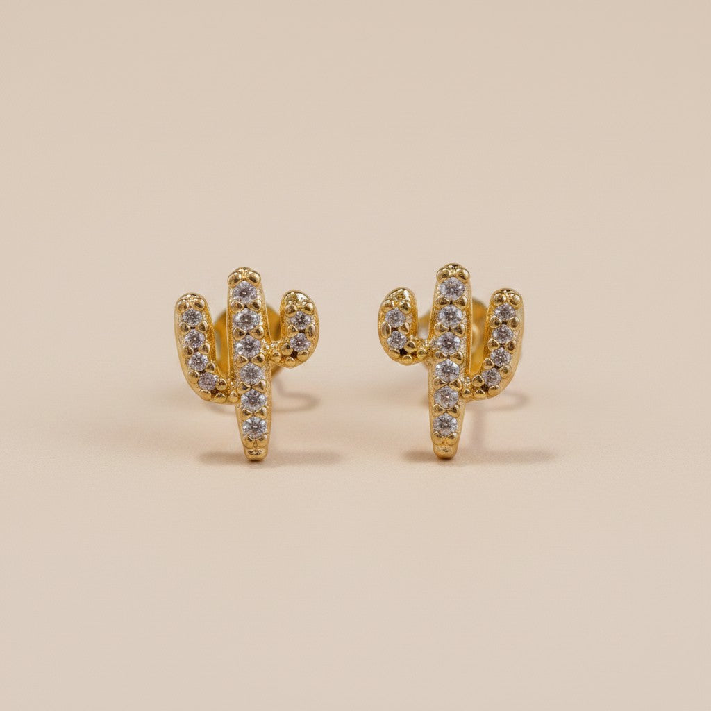 🌵 18k Gold Filled Cactus CZ Stud Earrings — Spines Made of Light. Desert Charm, Worn Daily.