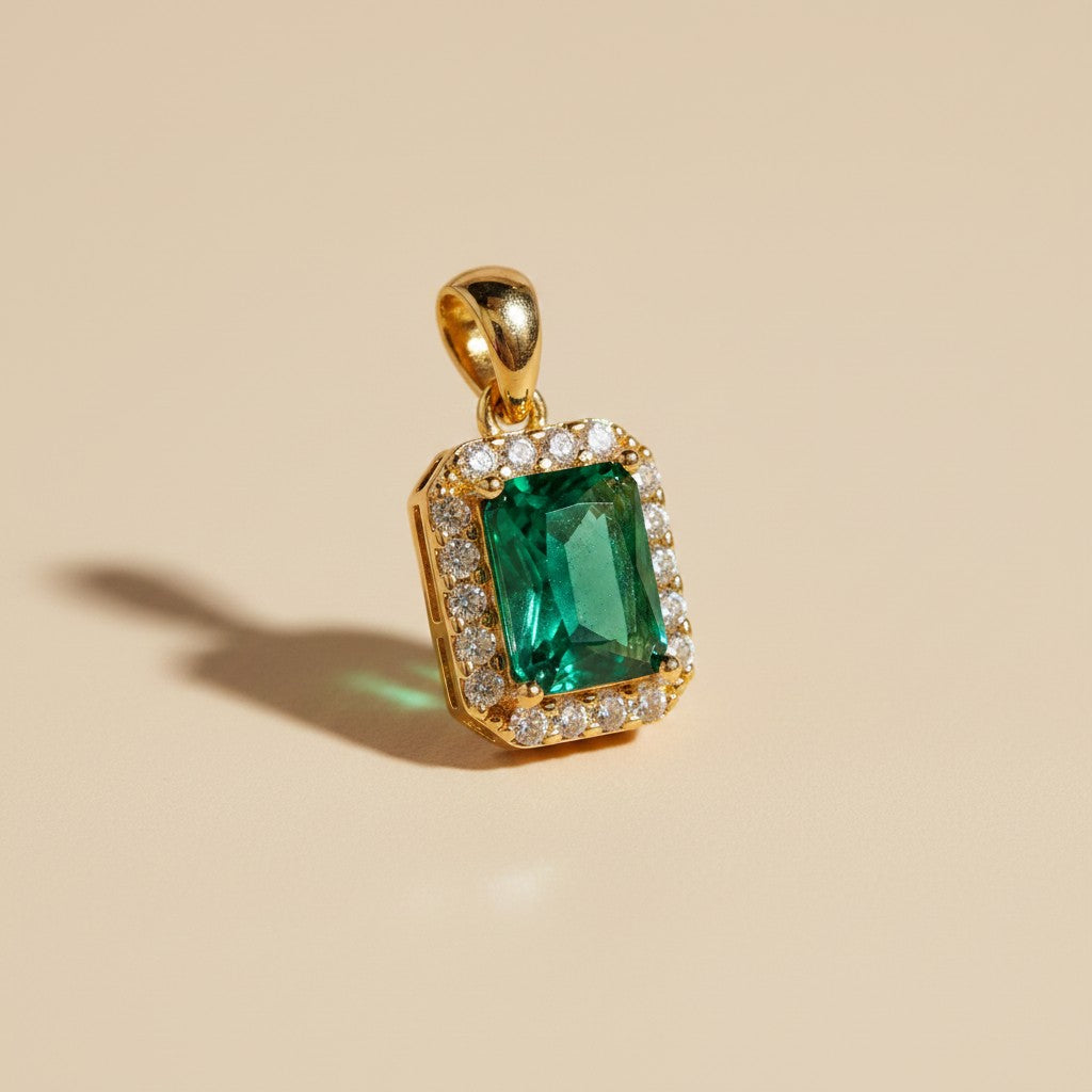 18k Gold Filled Emerald CZ Halo Pendant | Ethically Sourced Fire &amp; Brilliance