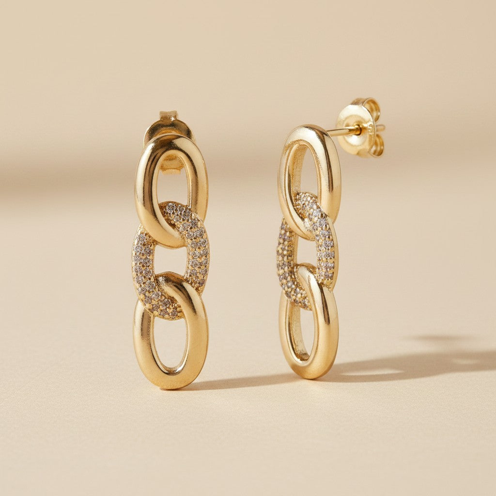 ✨ 18k Gold Filled Faux Chain Pavé CZ Drop Earrings — The Chain Link, Frozen in Gold and Covered in Light.