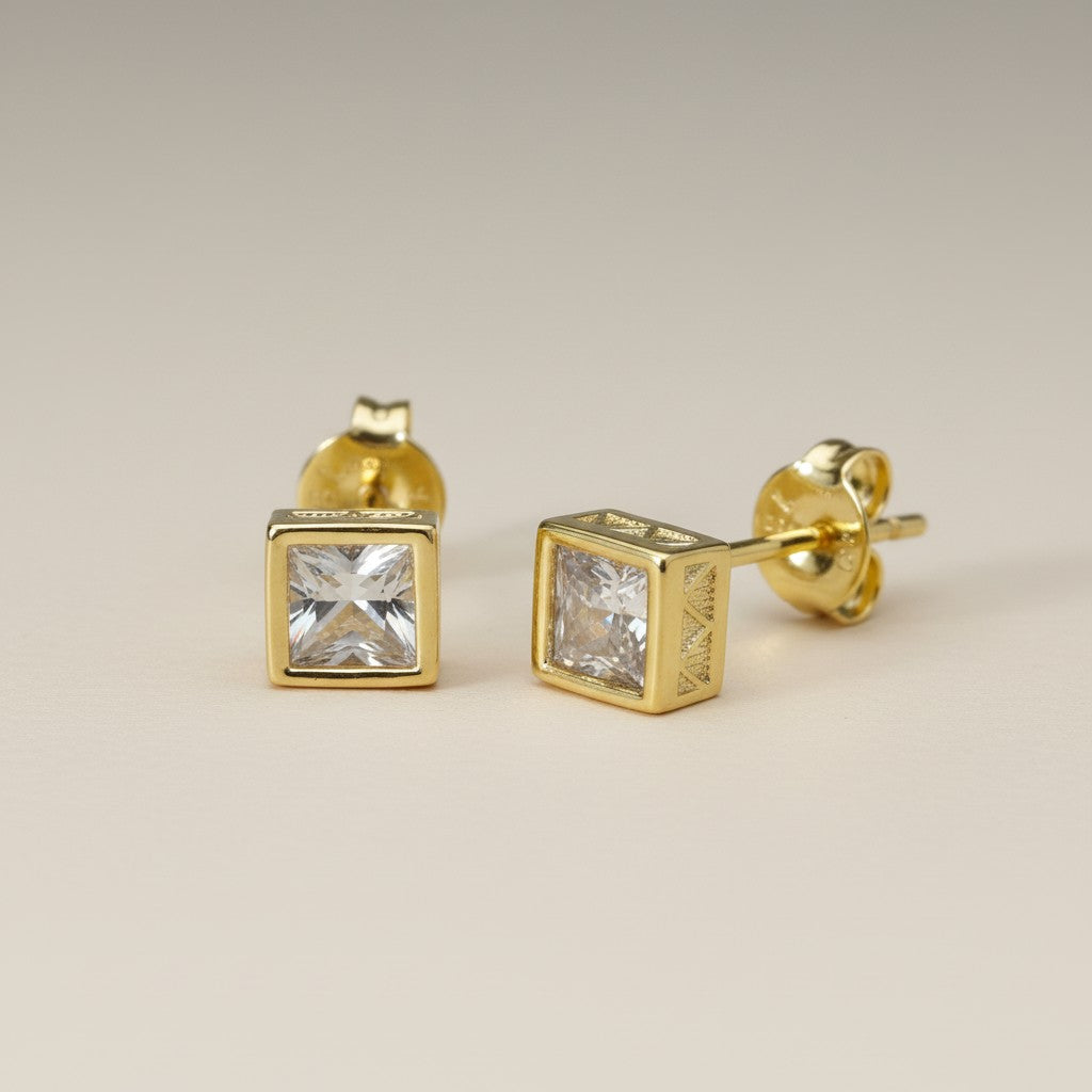 Handcrafted Square CZ Stud Earrings - Waterproof & Hypoallergenic