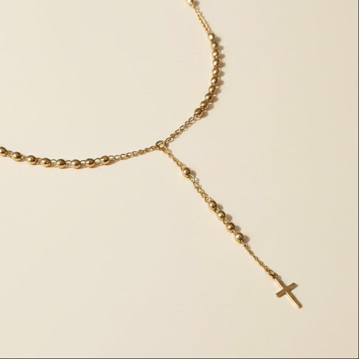 18k Gold Filled Simple Cross Rosary Necklace | Beaded Prayer Chain