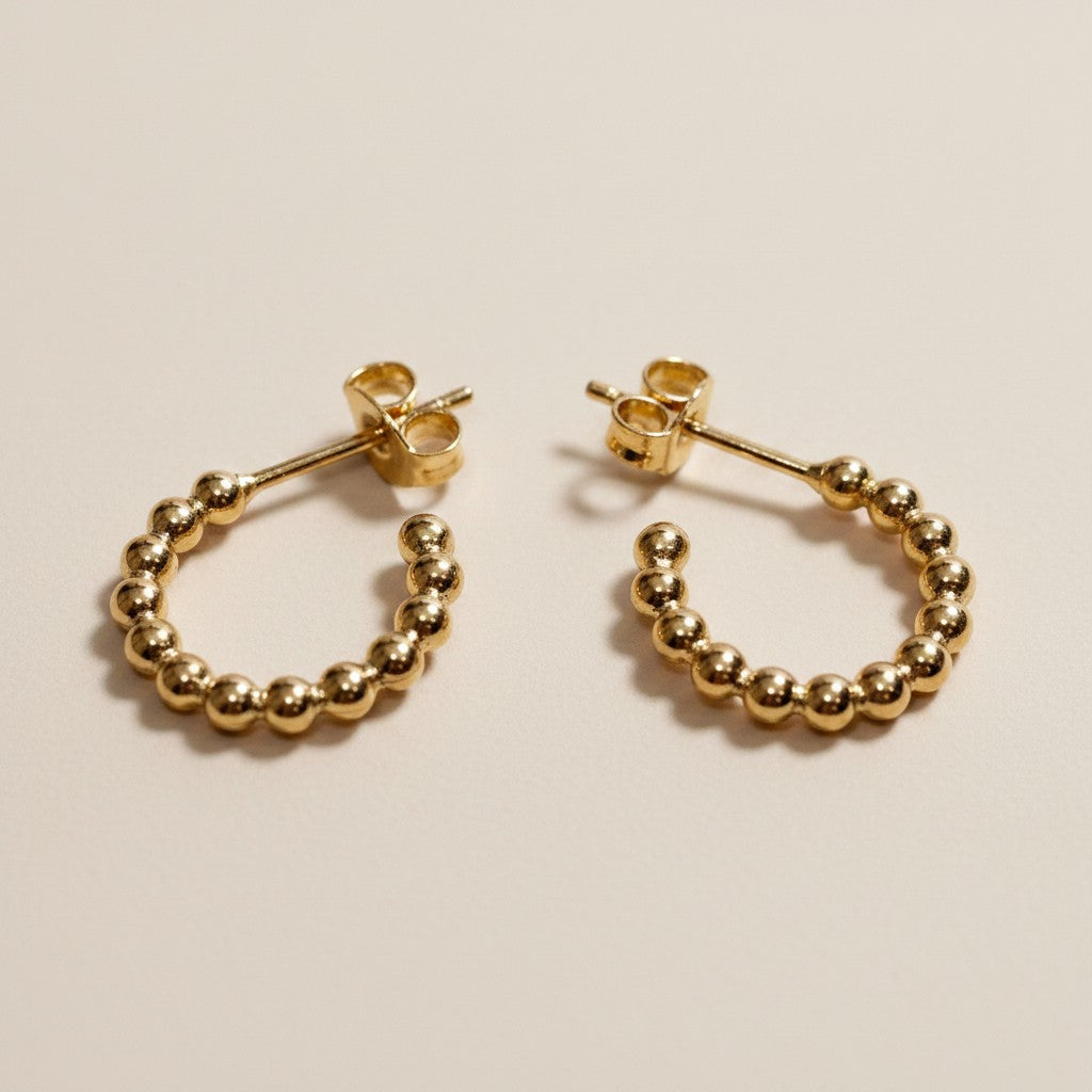 18k Gold Filled Beaded Semi-Hoop Earrings — Granulated Edges. Slim Arc. Two Perfect Sizes.