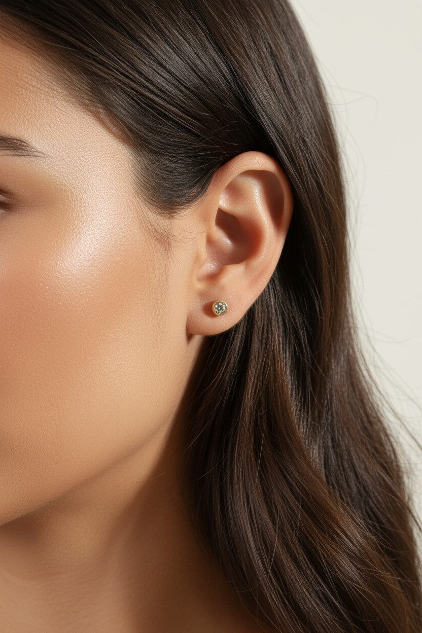 Delicate 18k Gold Filled Bezel CZ Stud Earrings - Dainty Round Diamond Look Studs