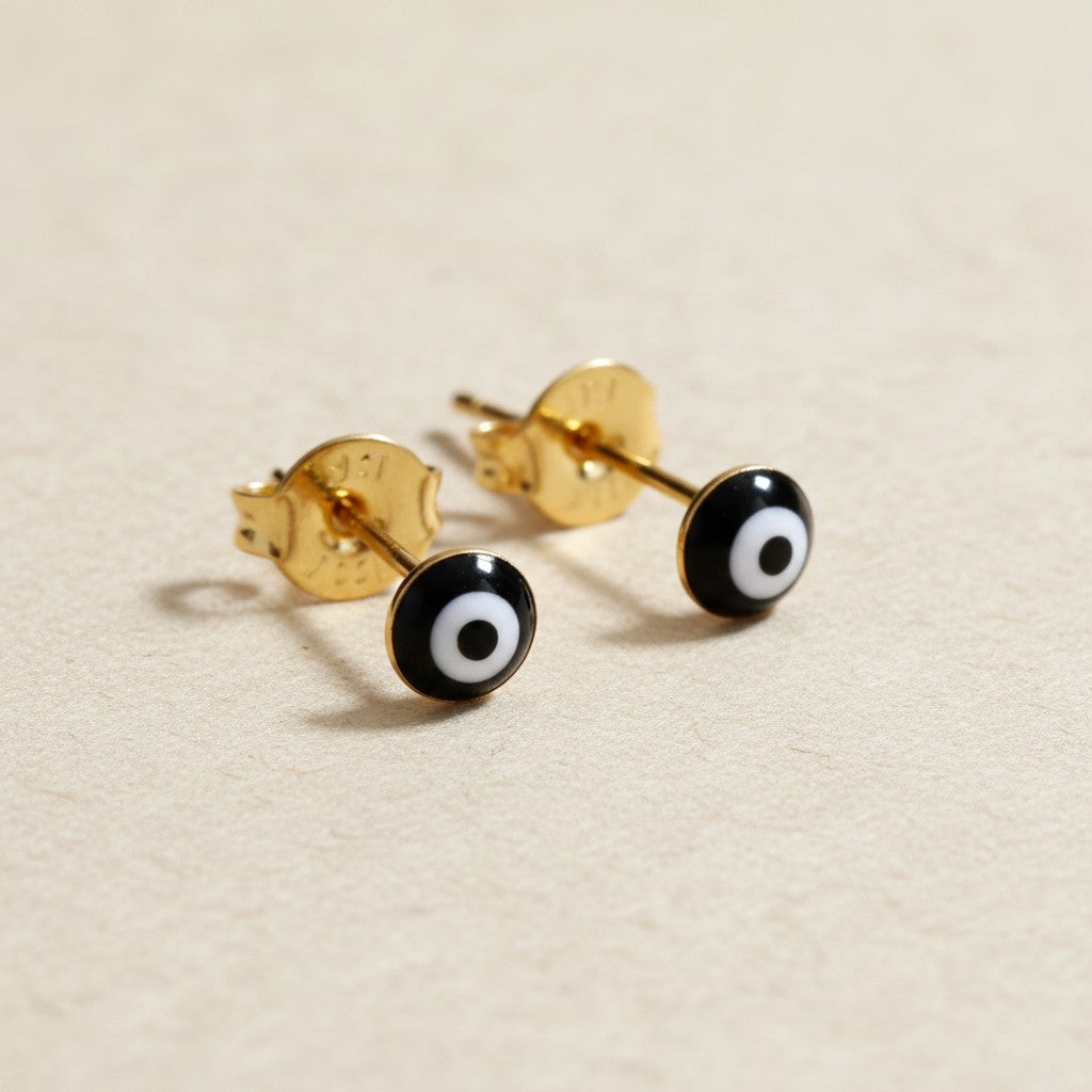 👁️ 18k Gold Filled Black Enamel Evil Eye Stud Earrings — The Protective Gaze. Tiny. Always Watching.