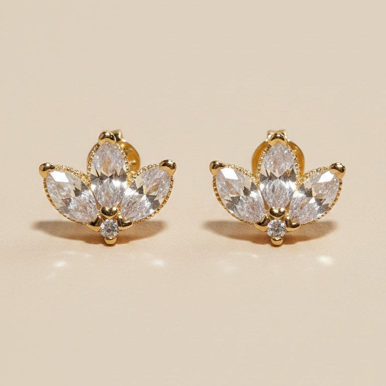 🌸 18k Gold Filled Vintage Lotus Flower CZ Stud Earrings — Ancient Symbol. Four Stones. Timeless Beauty.