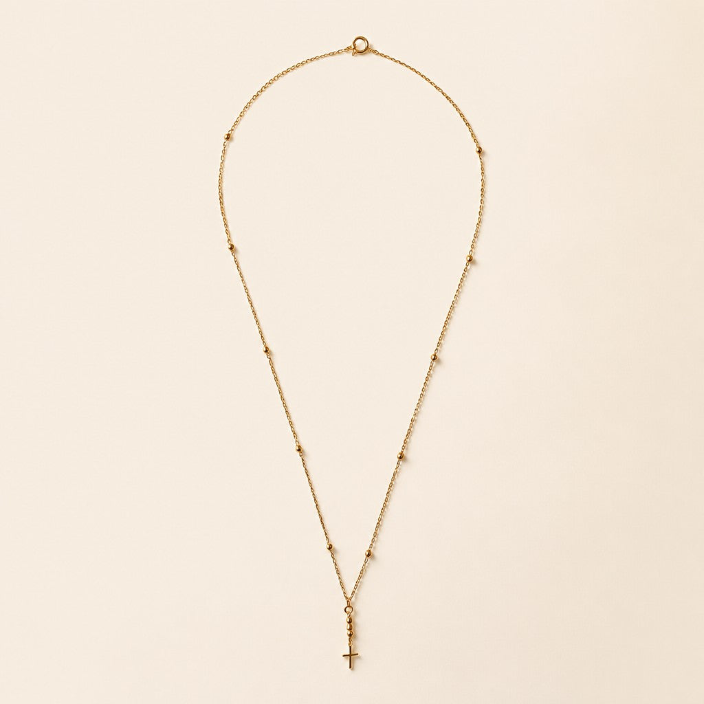 18k Gold Filled Simple Cross Necklace | Beaded Chain, Timeless Faith
