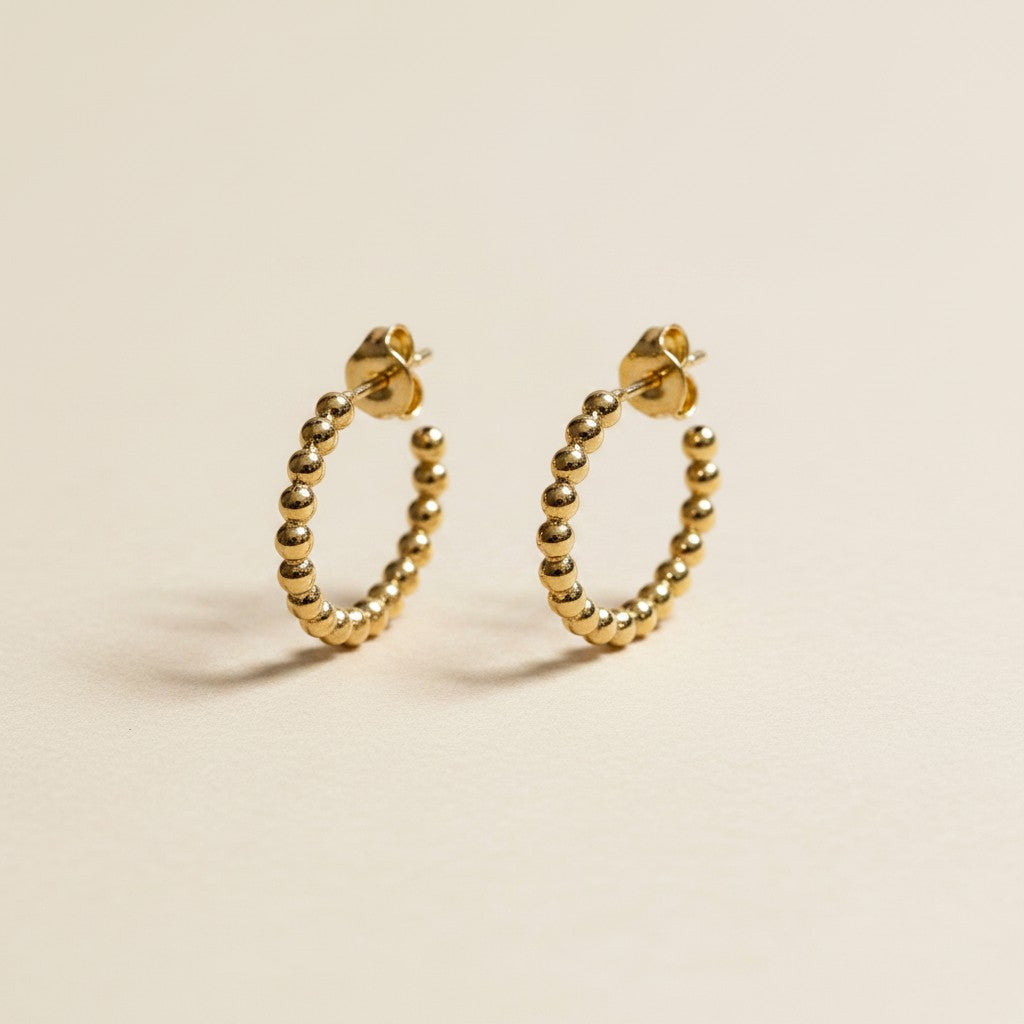 18k Gold Filled Beaded Semi-Hoop Earrings — Granulated Edges. Slim Arc. Two Perfect Sizes.