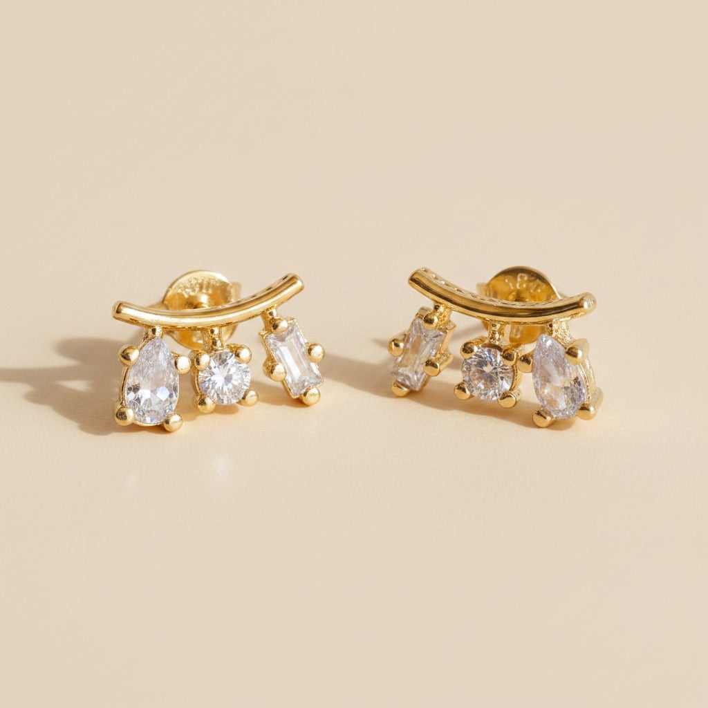 ✨ 18k Gold Filled Three-Shape CZ Cluster Stud Earrings — Drop. Circle. Baguette. One Masterful Composition.