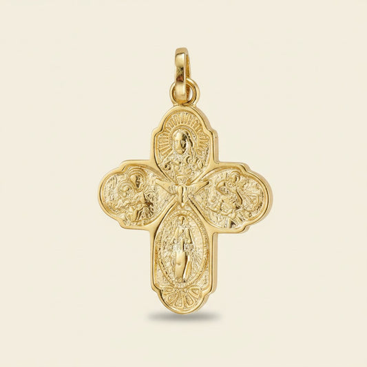 ✝️ 18k Gold Filled Catholic 4-Way Cross Pendant — Five Protections. One Pendant. Always With You.