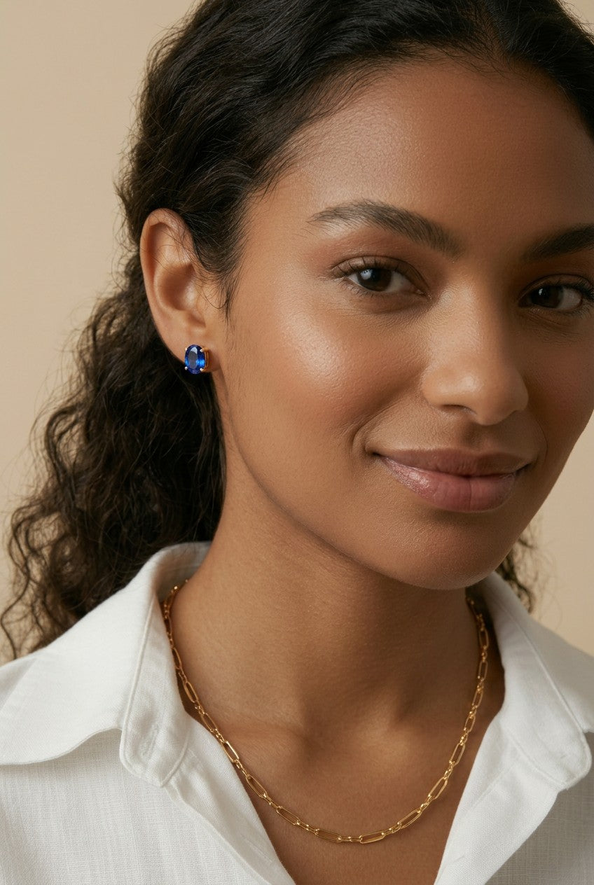 18k Gold Filled Oval Sapphire CZ Stud Earrings | Timeless Sparkle