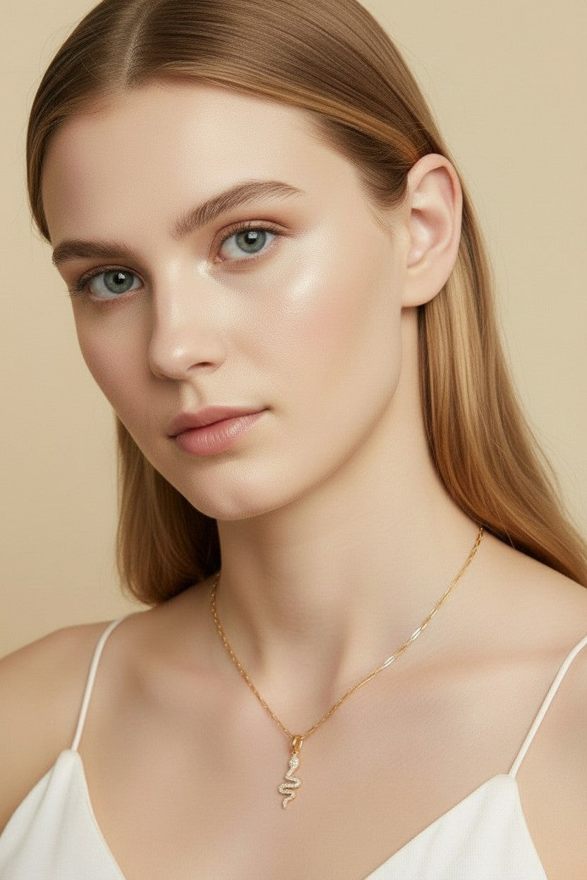 🐍 18k Gold Filled Micro Pavé Serpent Pendant — Transformation, Set in Continuous Crystal Light.