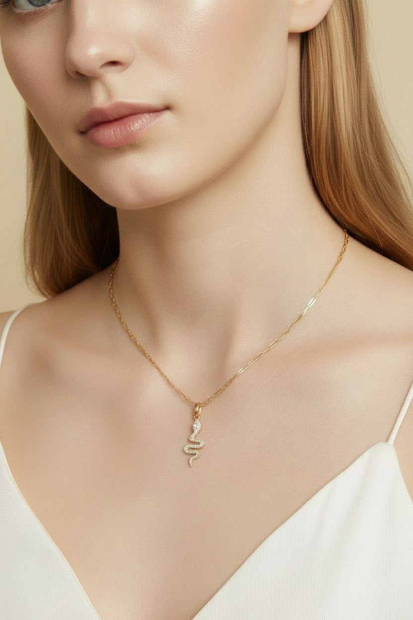 🐍 18k Gold Filled Micro Pavé Serpent Pendant — Transformation, Set in Continuous Crystal Light.