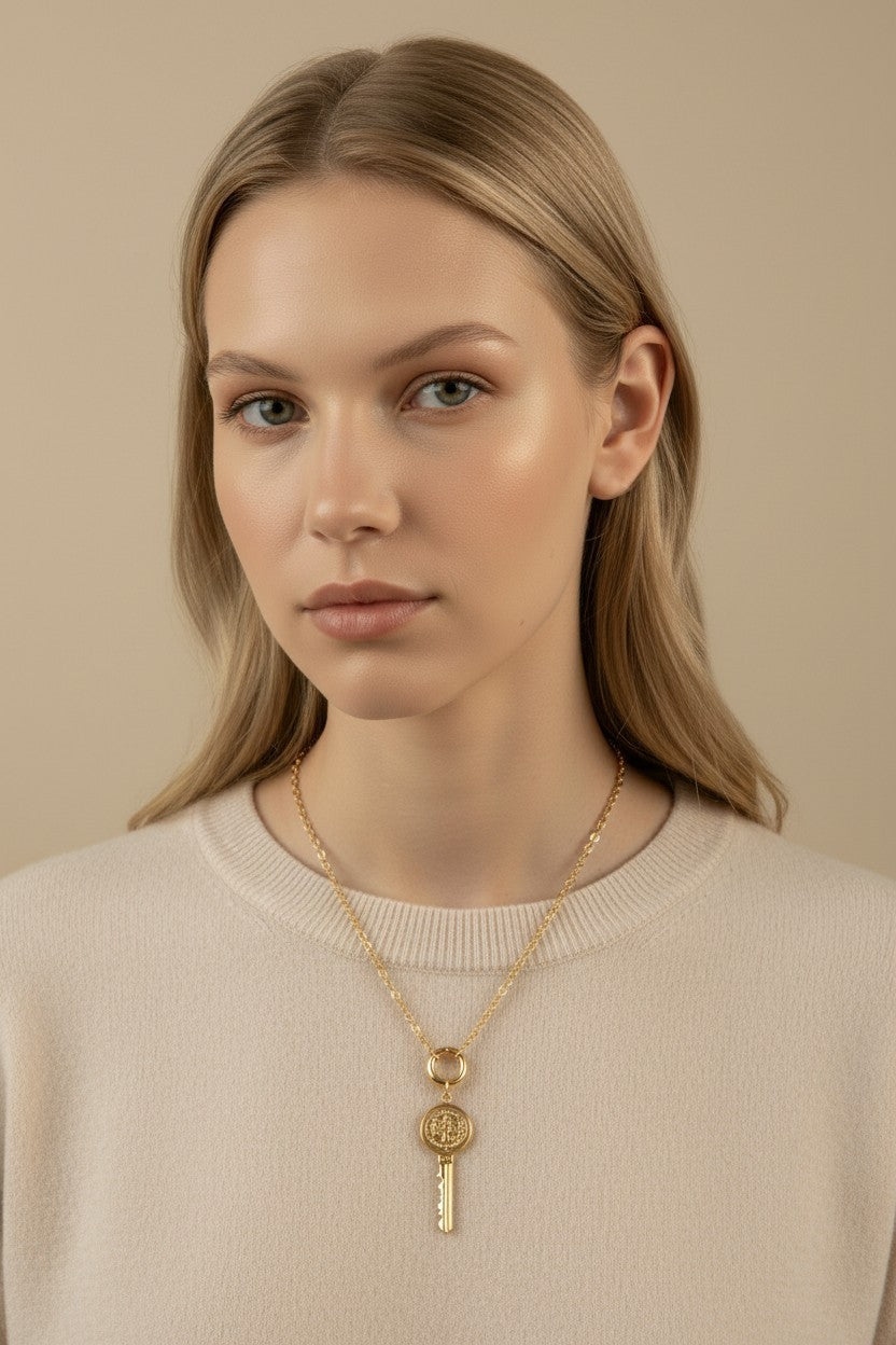 🗝️ 18k Gold Filled Saint Benedict Key Pendant — Protection That Turns. A Medal That Moves.