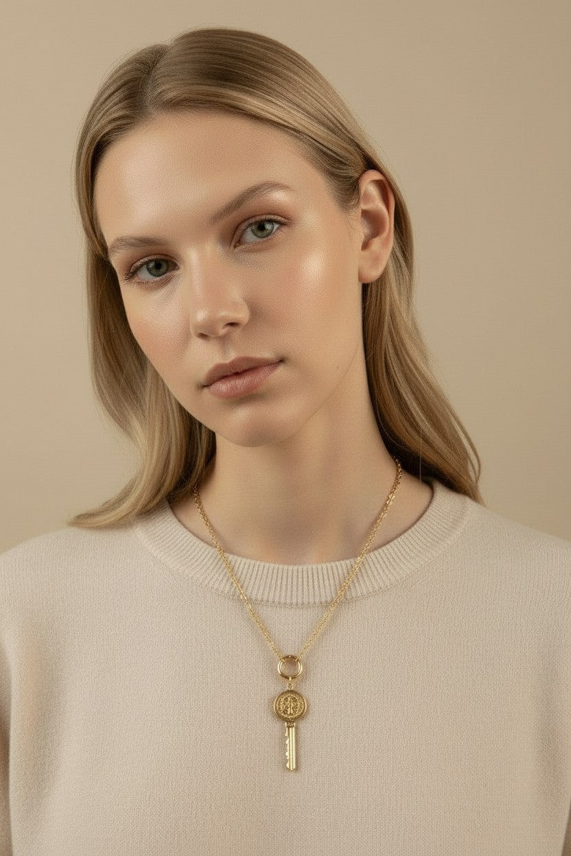 🗝️ 18k Gold Filled Saint Benedict Key Pendant — Protection That Turns. A Medal That Moves.
