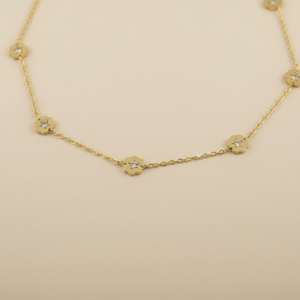 🌸 18k Gold Filled CZ Flower Charm Necklace — A Garden at the Collarbone. One Tiny Spark per Bloom.