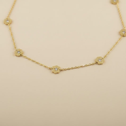🌸 18k Gold Filled CZ Flower Charm Necklace — A Garden at the Collarbone. One Tiny Spark per Bloom.