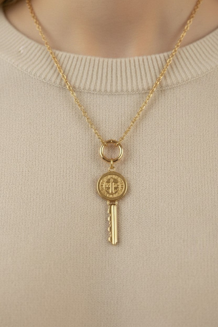 🗝️ 18k Gold Filled Saint Benedict Key Pendant — Protection That Turns. A Medal That Moves.