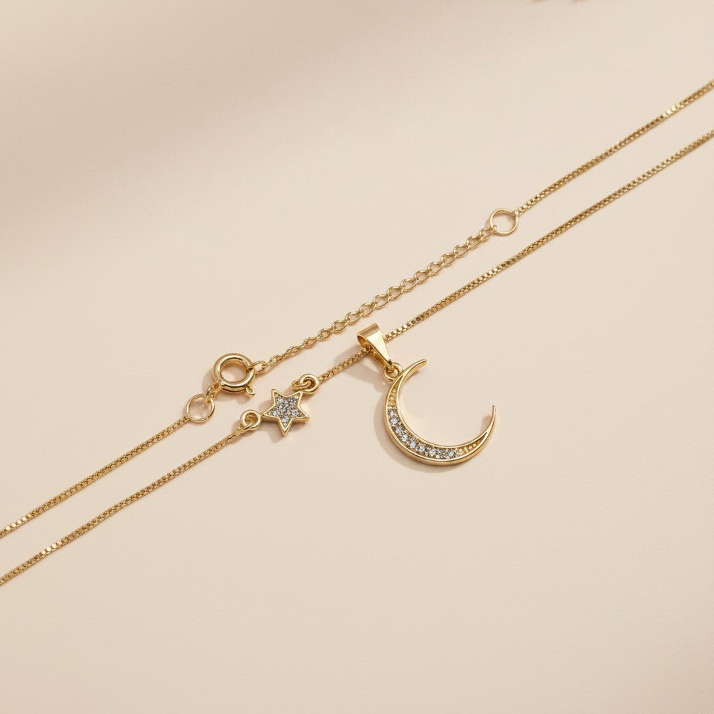 18k Gold Filled Crescent Moon &amp; Star Necklace | Celestial Sparkle