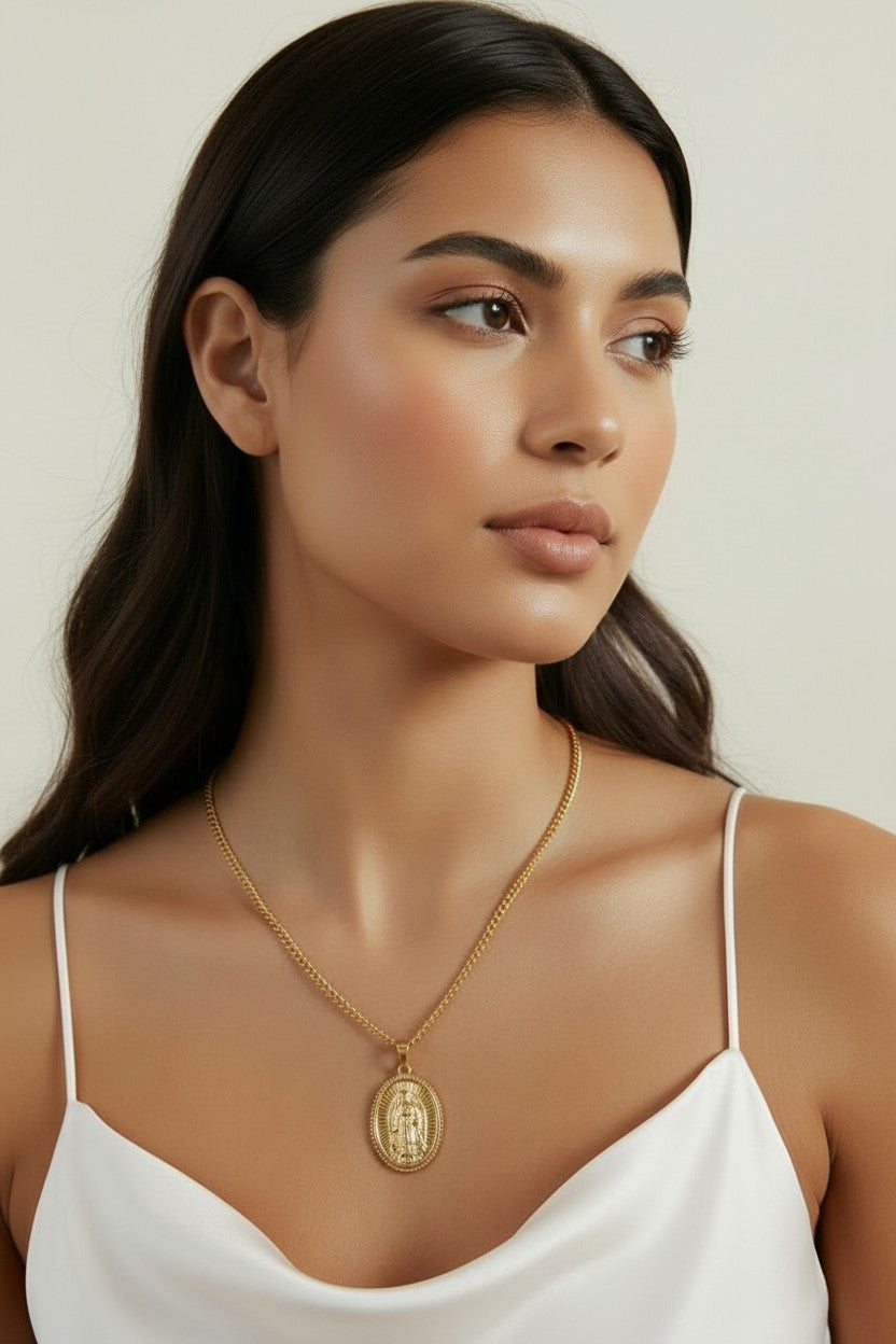 18k Gold Filled Hollowed Oval Lady of Guadalupe Pendant Featuring Rose Gold Detail, Stainless Steel Plate, Wholesale Jewelry Making Supplies