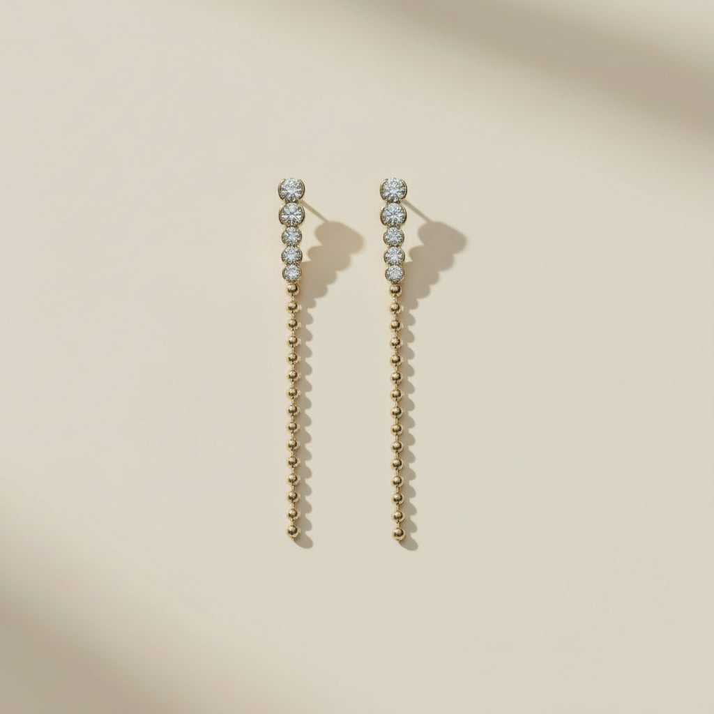 Long Gold Drop Earrings - CZ and Bead Gradient Earrings - Water Resistant Dangle Earrings