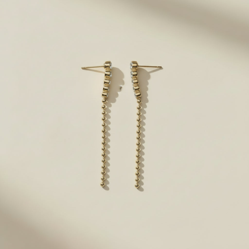 Long Gold Drop Earrings - CZ and Bead Gradient Earrings - Water Resistant Dangle Earrings