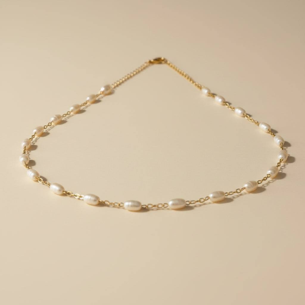 Pearl Necklace - Delicate Oval Pearl Choker with Extender Chain | Handcrafted Jewelry for Women