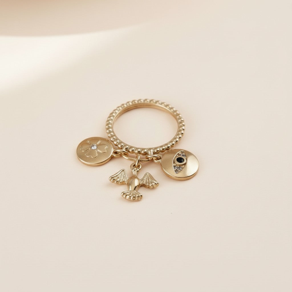 Protection Charms Ring for Women - Clover, Dove & Evil Eye Charms