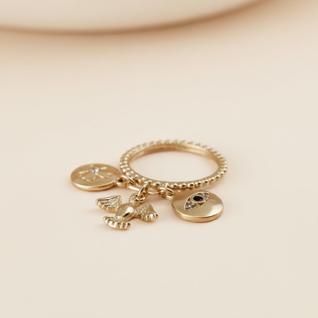 Protection Charms Ring for Women - Clover, Dove & Evil Eye Charms