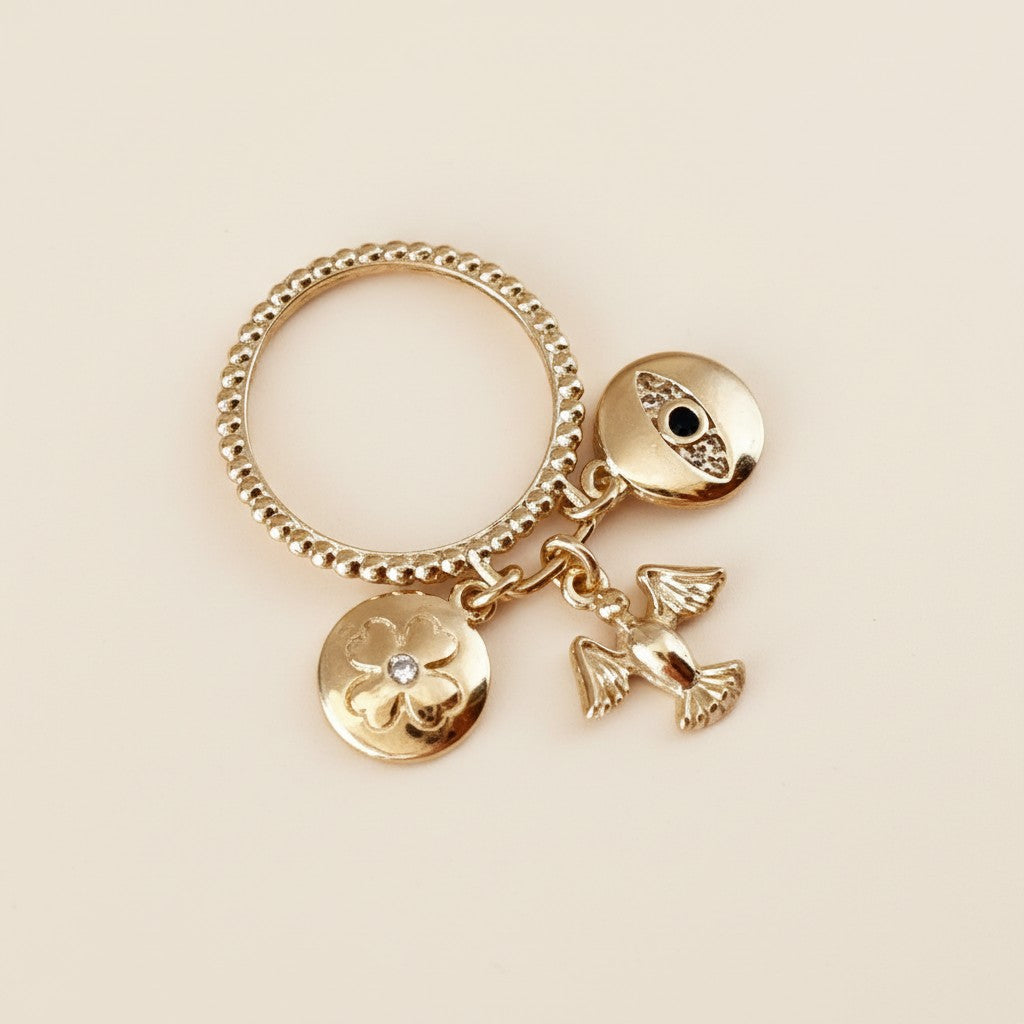 Protection Charms Ring for Women - Clover, Dove & Evil Eye Charms