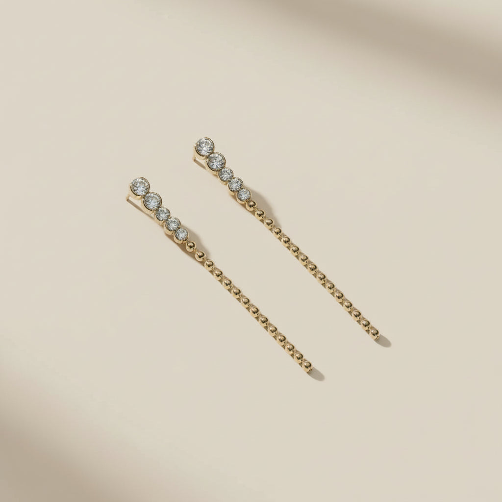 Long Gold Drop Earrings - CZ and Bead Gradient Earrings - Water Resistant Dangle Earrings