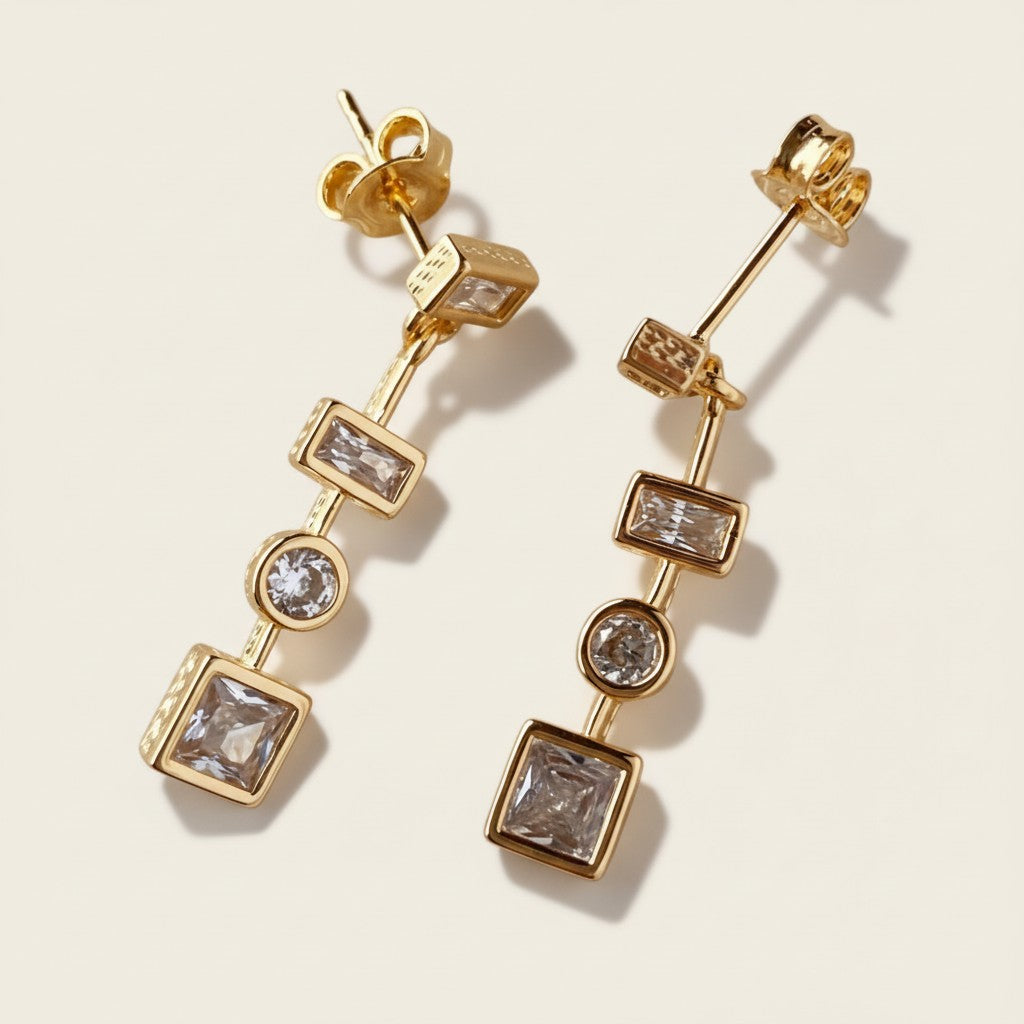 Geometric Dangle Earrings - Multi Shape CZ Stone Earrings for Women - Hypoallergenic Gold Earrings