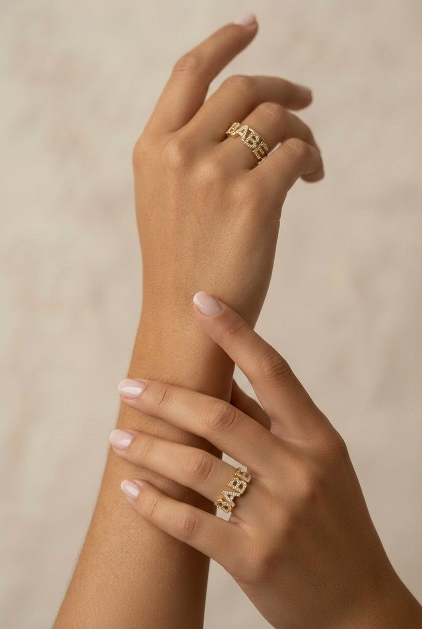 18k Gold Filled CZ "Babe" Ring | Chic & Playful Statement