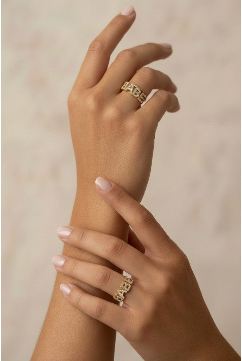 18k Gold Filled CZ "Babe" Ring | Chic & Playful Statement