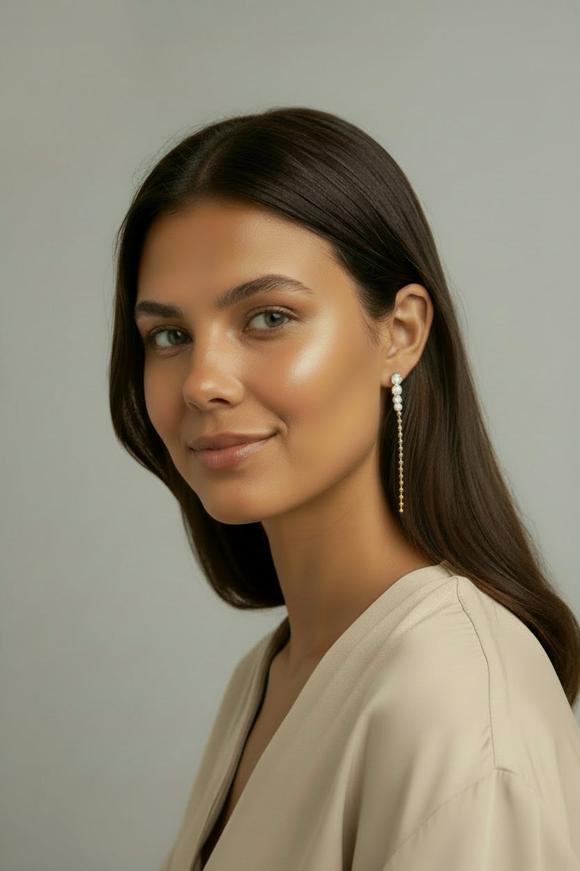 Long Gold Drop Earrings - CZ and Bead Gradient Earrings - Water Resistant Dangle Earrings