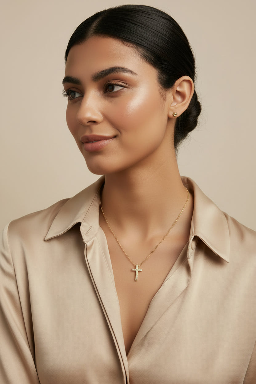 Delicate Gold Cross Pendant 18K Gold Filled - AAAAA CZ Cross Charm - Waterproof Christian Jewelry