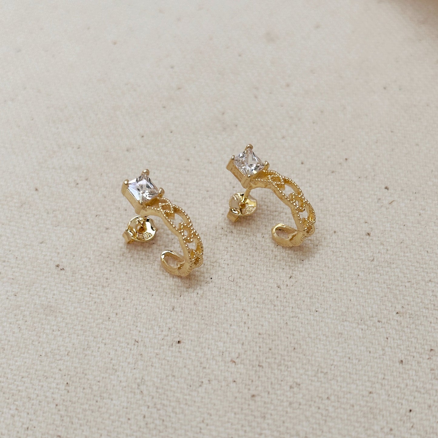 18k Gold Filled Vintage Princess Cut CZ Detailed C Hoop Earrings