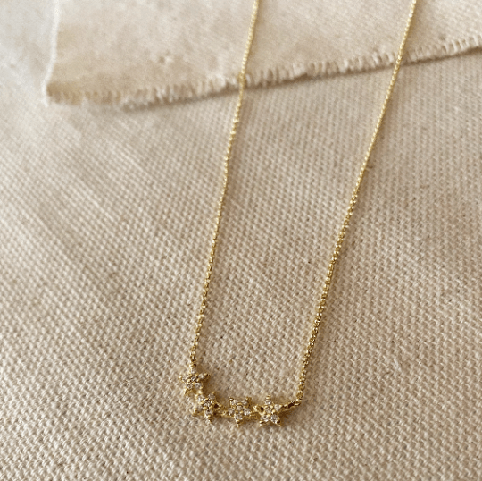 GoldFi 18k Gold Filled 1mm Rolo Chain Necklace Featuring Pave Cubic Zirconia Four Stars