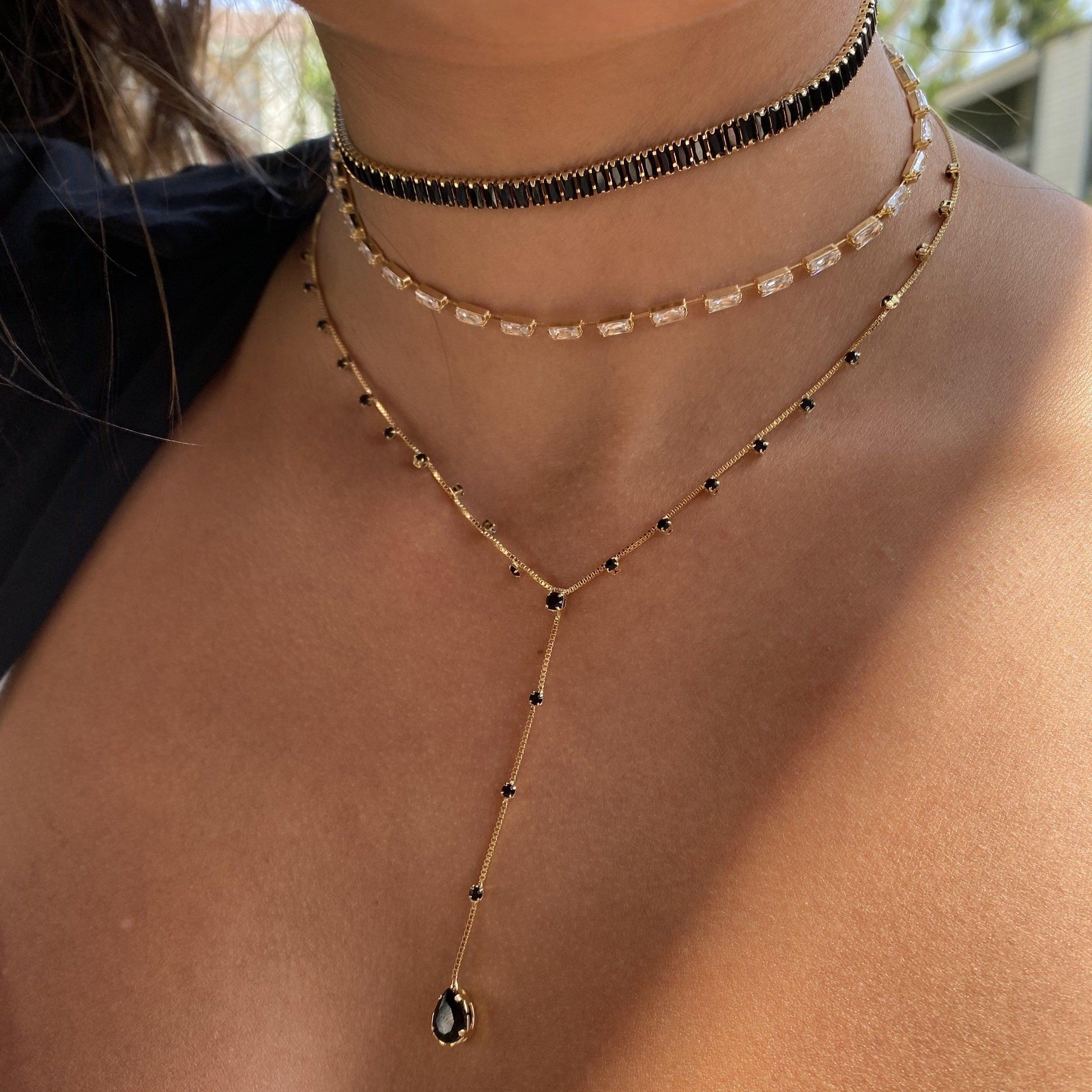 GoldFi 18k Gold Filled Black Baguette Cubic Zirconia Choker Featuring Fancy Extender