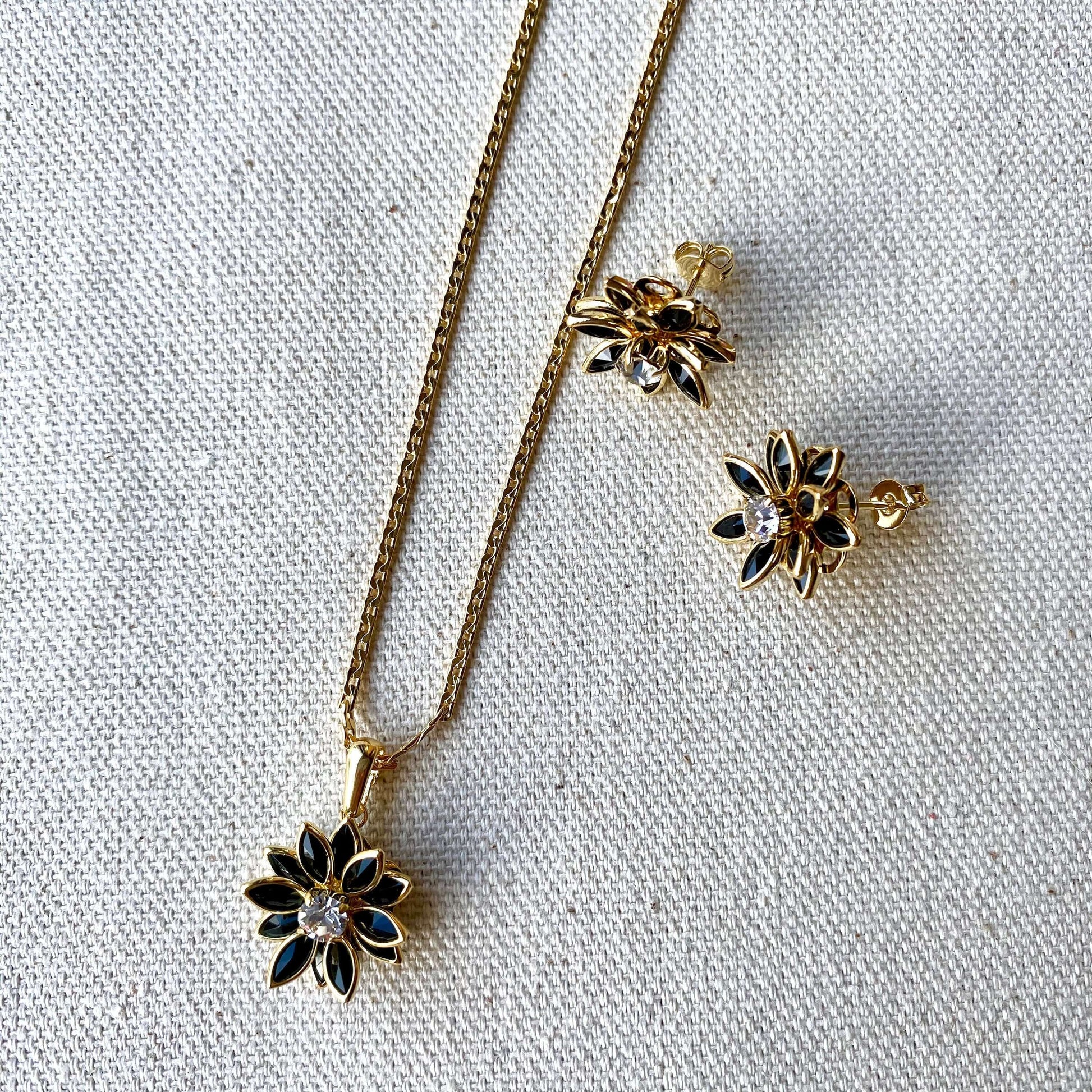 GoldFi 18k Gold Filled Black Flower Earrings Pendant Necklace Set