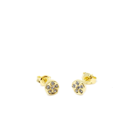 GoldFi 18k Gold Filled Circle Plate Earrings Featuring 5 Cubic Zirconia Flower Shape, Heart Stud, Bow Stud