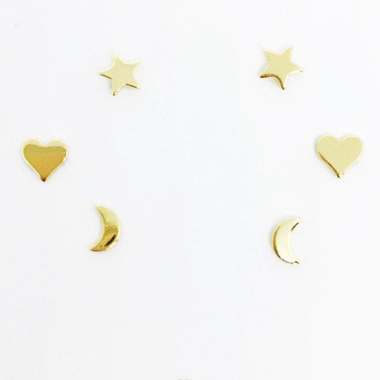 GoldFi 18k Gold Filled Dainty Earrings Trio Star, Moon And Heart Studs